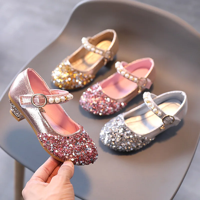 Children Leather Shoes Sequins Pearl Girls Catwalk High Heels Non-slip Breathable Big Kids Wedding Party Dress Shoes Hook Loop