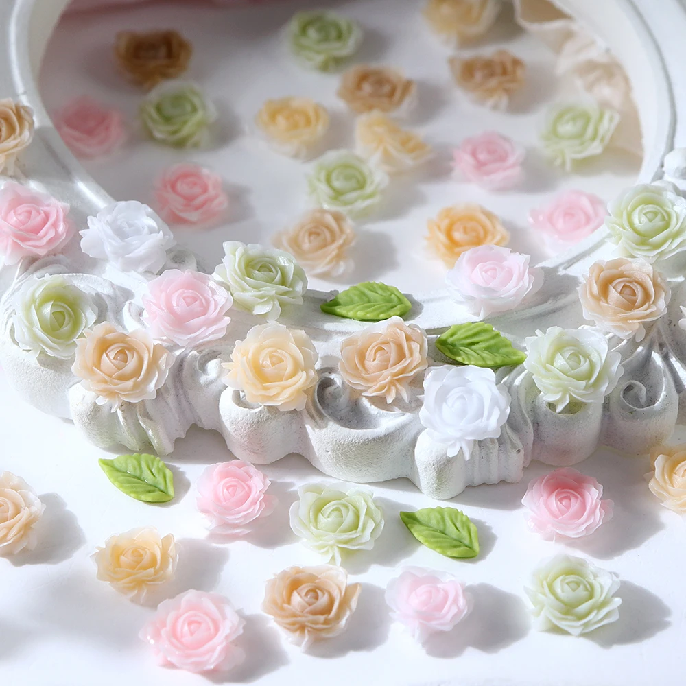 100pcs 3D Flower and Leaf Nail Art Charm Parts  Mixed Color Resin Rose Nail Decoration for DIY Nail Art Accessories