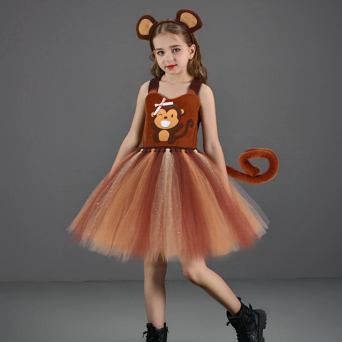 Sparkly Brown Monkey Costumes for Baby Girls Forest Tutu Dress Kids Animal Halloween Outfits Children Birthday Carnival Clothes image 2