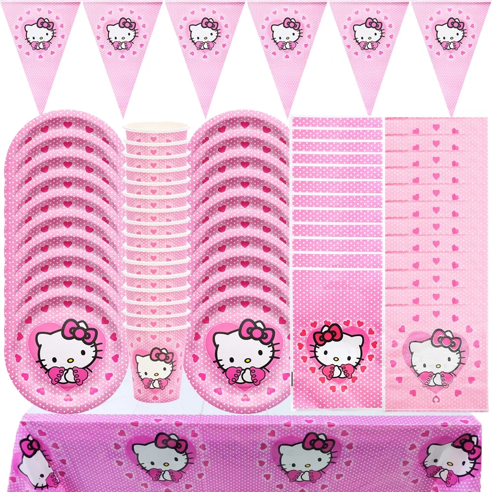 Hello Kitty Theme Baby Shower Girl Party Supplies Paper Cup Plate Table Cloth Children\'s Birthday Party Banner Kitty Balloon