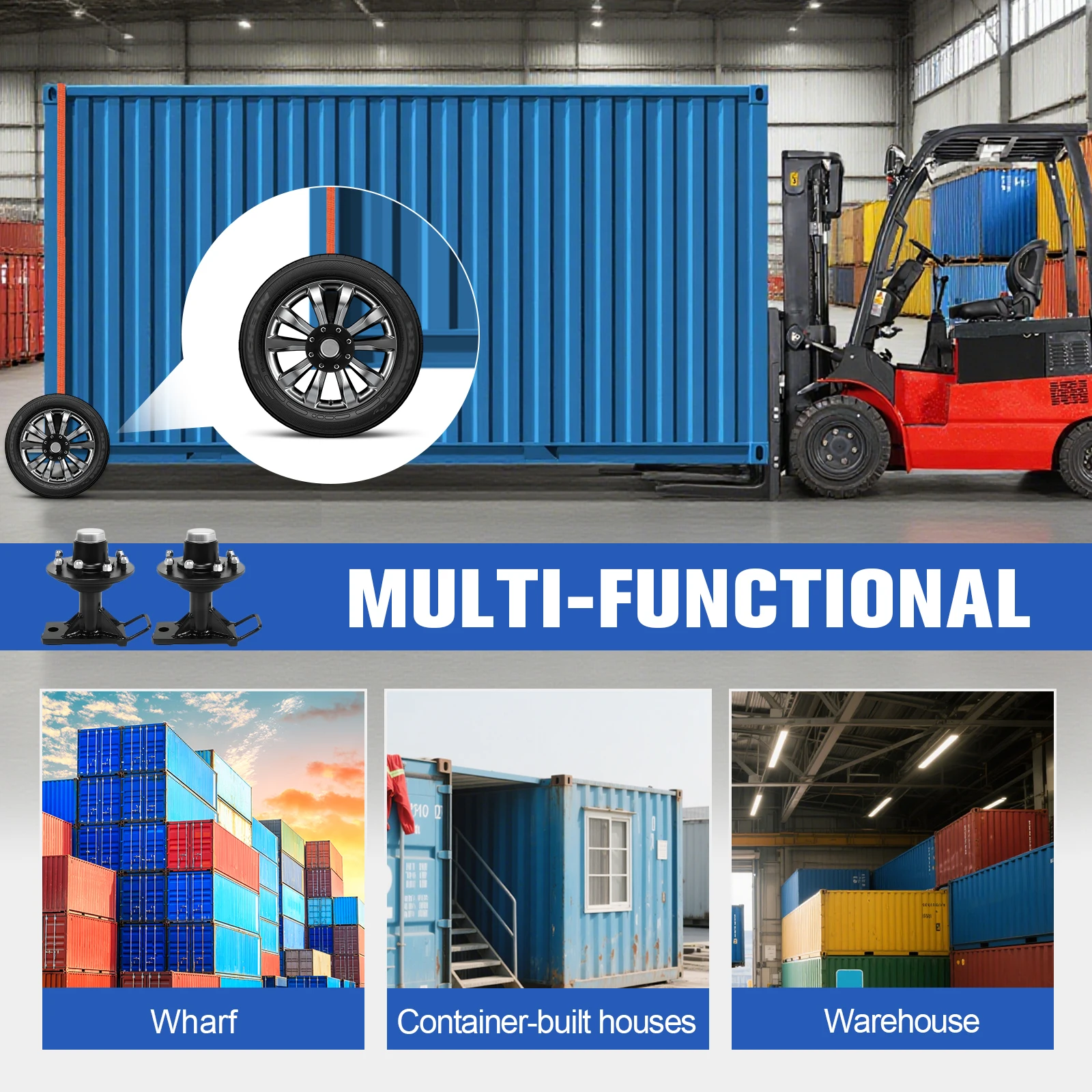 2 Pack Shipping Container Wheels 8x6.5 Lug with Ratchet Strap Tie Down J Hook Container Wheels 8-Lug Wheel Kit Quick Disassembly