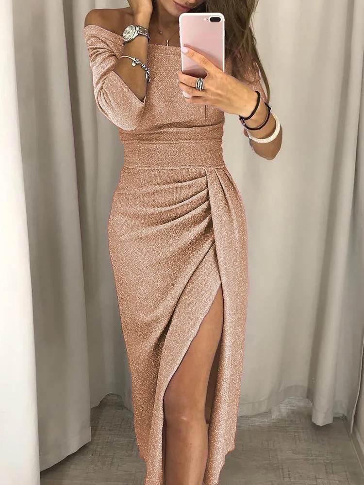 European and Americanwomen\'s hip-wrapped slit one-word collar dress sparkling dress dinner dress