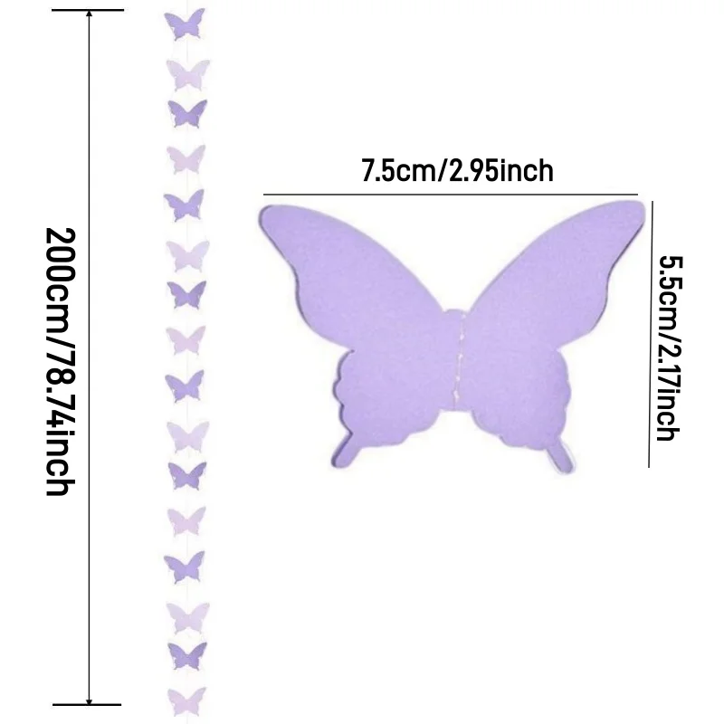 2 m 3D-Papier-Schmetterlingsgirlande zum Aufhängen, Hochzeit, Fee, Geburtstag, Party, Dekoration, Schmetterlinge, DIY-Banner, Babyparty, Suppie, 2-saitig – Detail 1