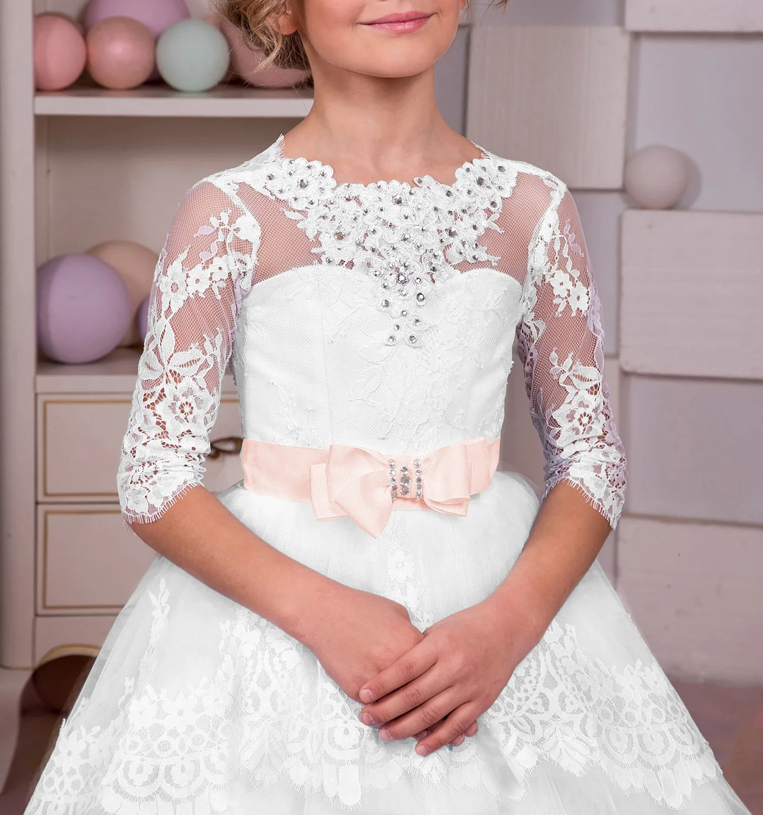 Vestidos de niña de flores de encaje blanco para bodas, niños pequeños, fajas con cuentas, vestido de primera comunión para desfile, vestidos de fiesta con mangas 3/4 para niños