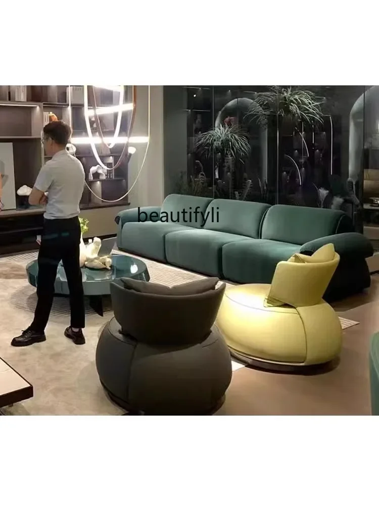 

xzLeisure Chair Genuine Leather Single Sofa Turn Chair First Layer Cowhide Lazy Bone Chair down Soft Bag round Reception Room
