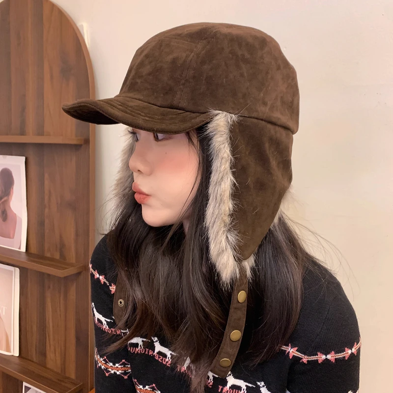 

Корейские замшевые бархатные кепки в стиле ретро для женщин, осенние и зимние дорожные теплые защитные уши, универсальные модные шапки-бомберы для мужчин