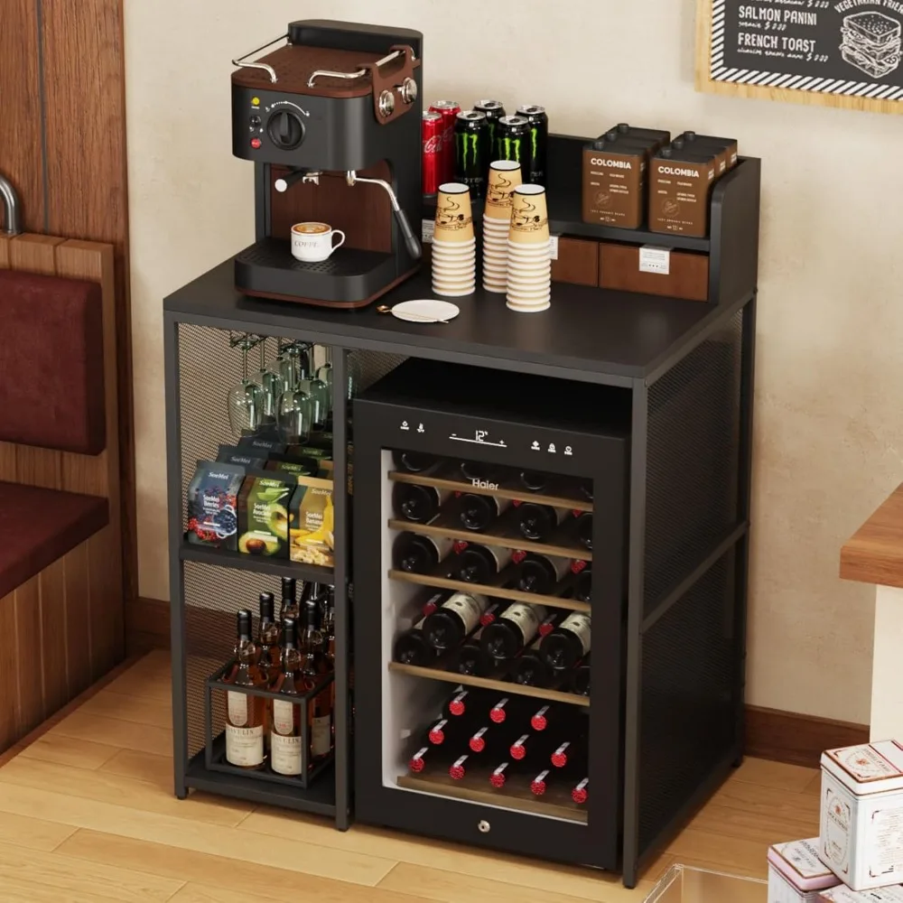 

4-Tier Industrial Style Mini Fridge & Microwave Oven Stand, Adjustable Kitchen Bakers Rack, Freestanding Utility Storage Shelf f