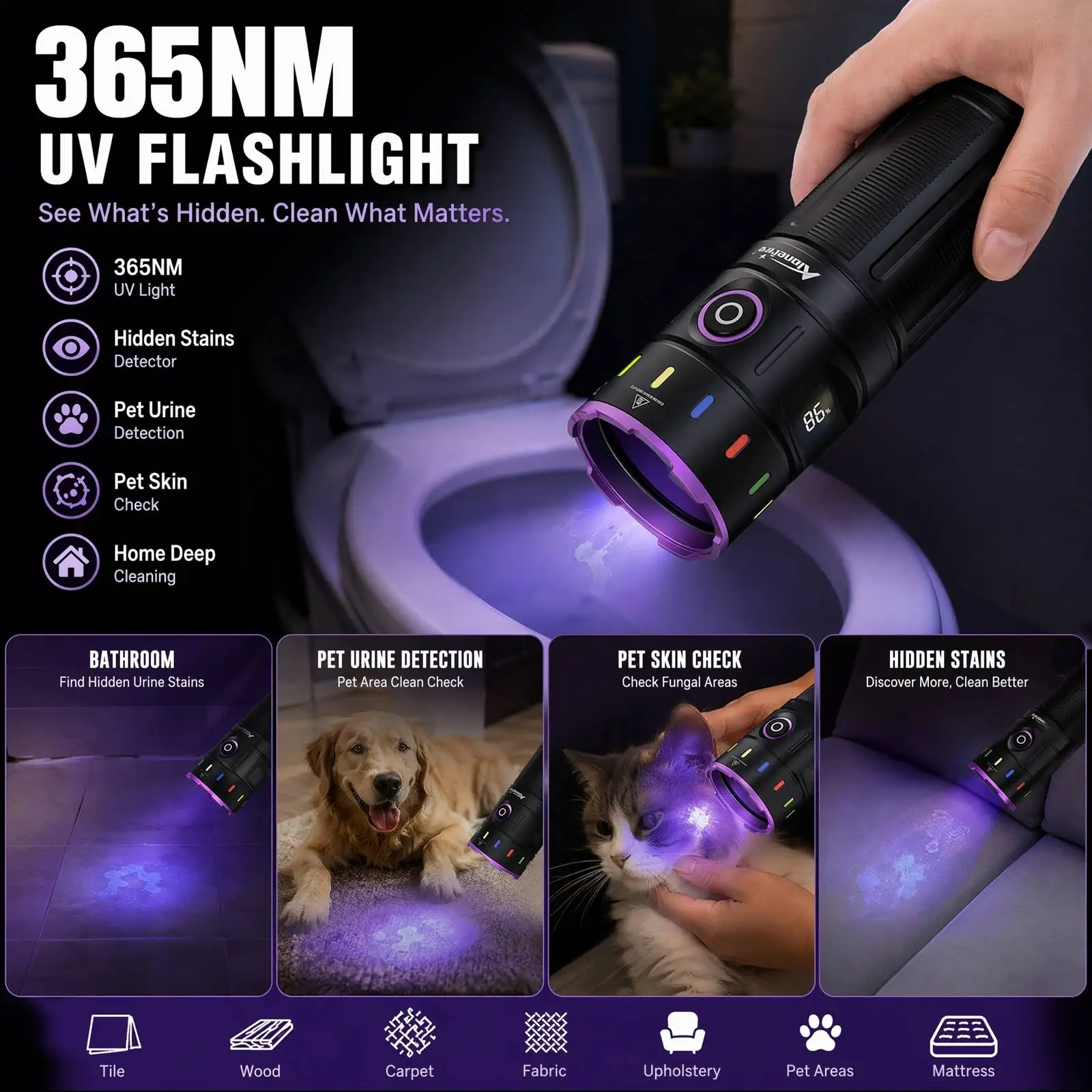 Alonefire 200W 365nm Hochleistungs-LED UV-Schwarzlicht-Taschenlampe, wiederaufladbar, zum Aushärten von Tierurin, zur Erkennung von Tinea, Erzen, Geld und Skorpione – Detail 6