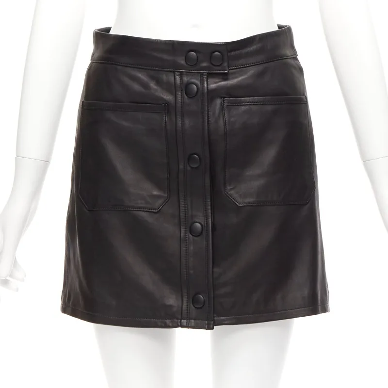 

Black Lambskin Leather Snap Button Patch Pocket Mini Skirt