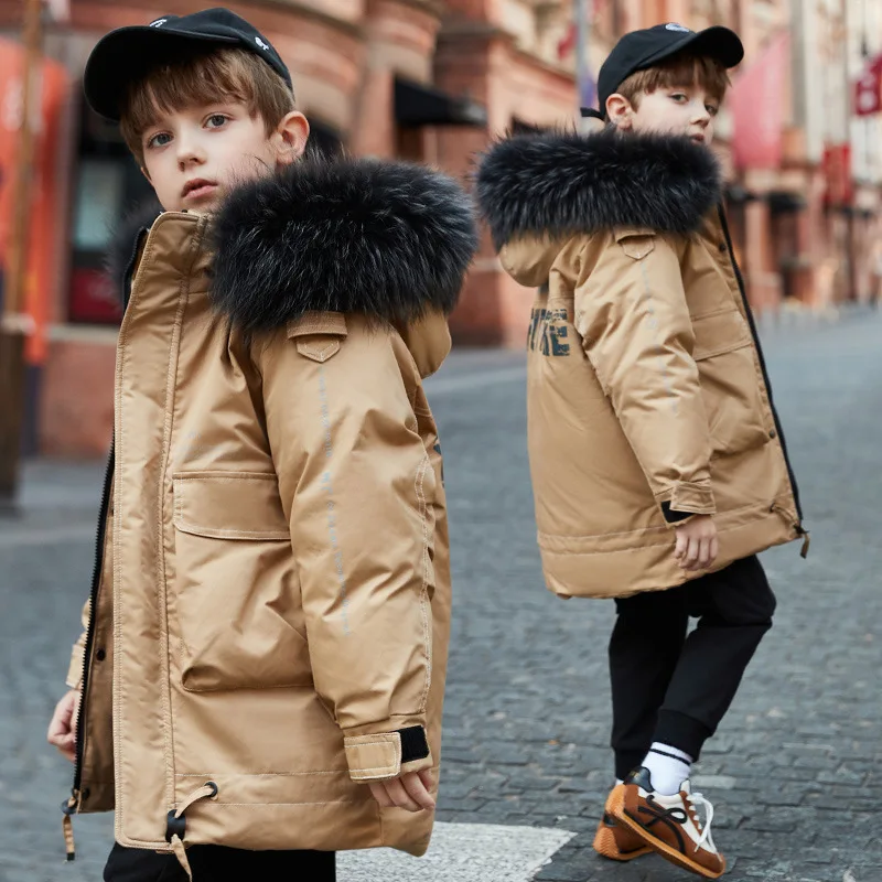 

-25 Degrees winter children's clothing Thick hooded thermal coat in khaki for boys Middle and large children's duck down jacket