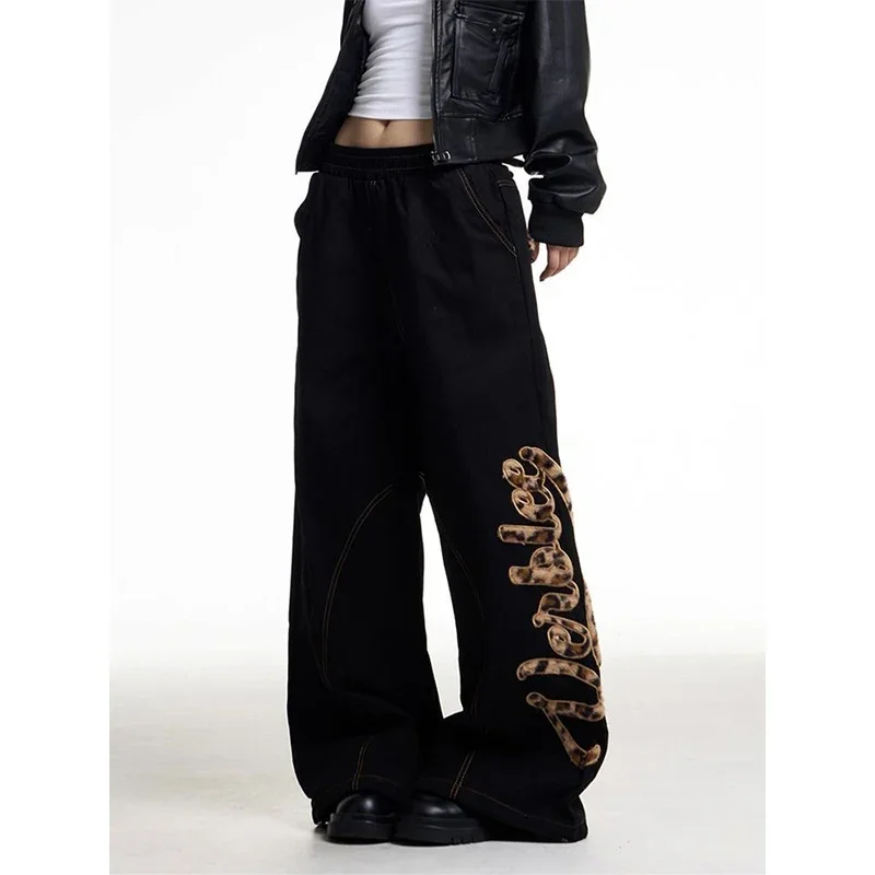 Y2K American Retro Design with Leopard Print Embroidery Workwear Pants for Spicy Women Loose Fit Lazy Style Wide Leg Pants