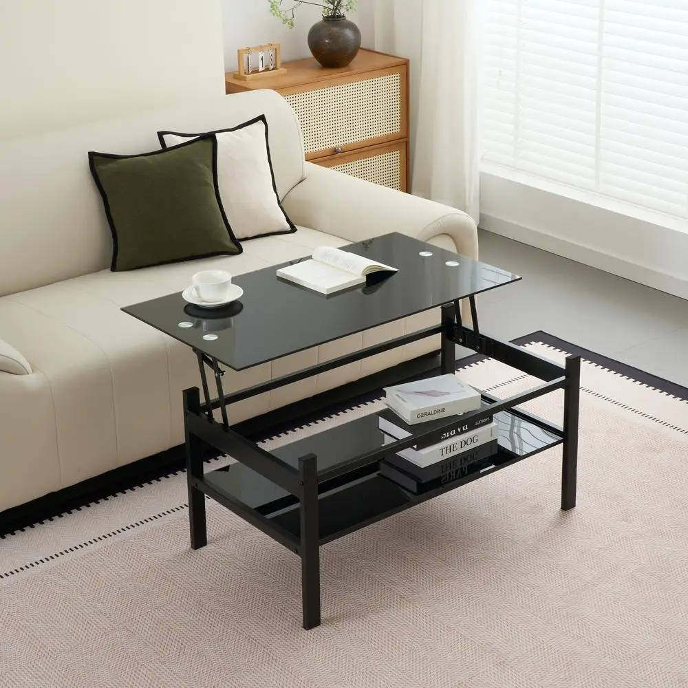 

Modern Glass Lift Top Coffee Table Black 2-Layer Tempered Glass Table with Storage for Living Room Office