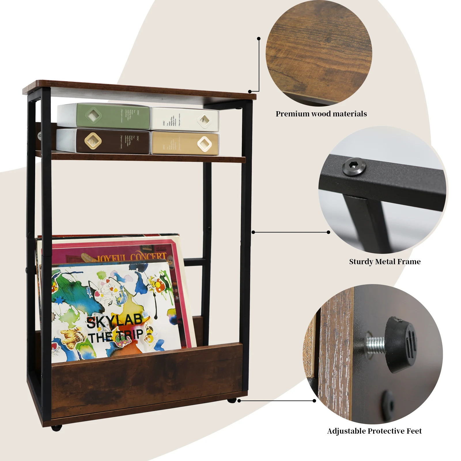 Vinyl Record Storage Holder Rack Large Capacity Wooden Iron Display Table for Books Magazines Multi-function Three Layer Shelf