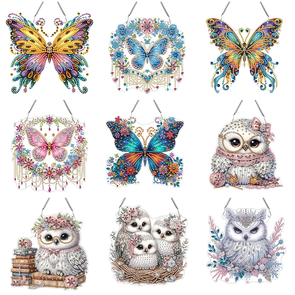 Einseitiger Acryl-Eulen-Diamantmalerei-Anhänger 5D DIY Diamantmalerei-Punkte-Anhänger für Wand und Fenster