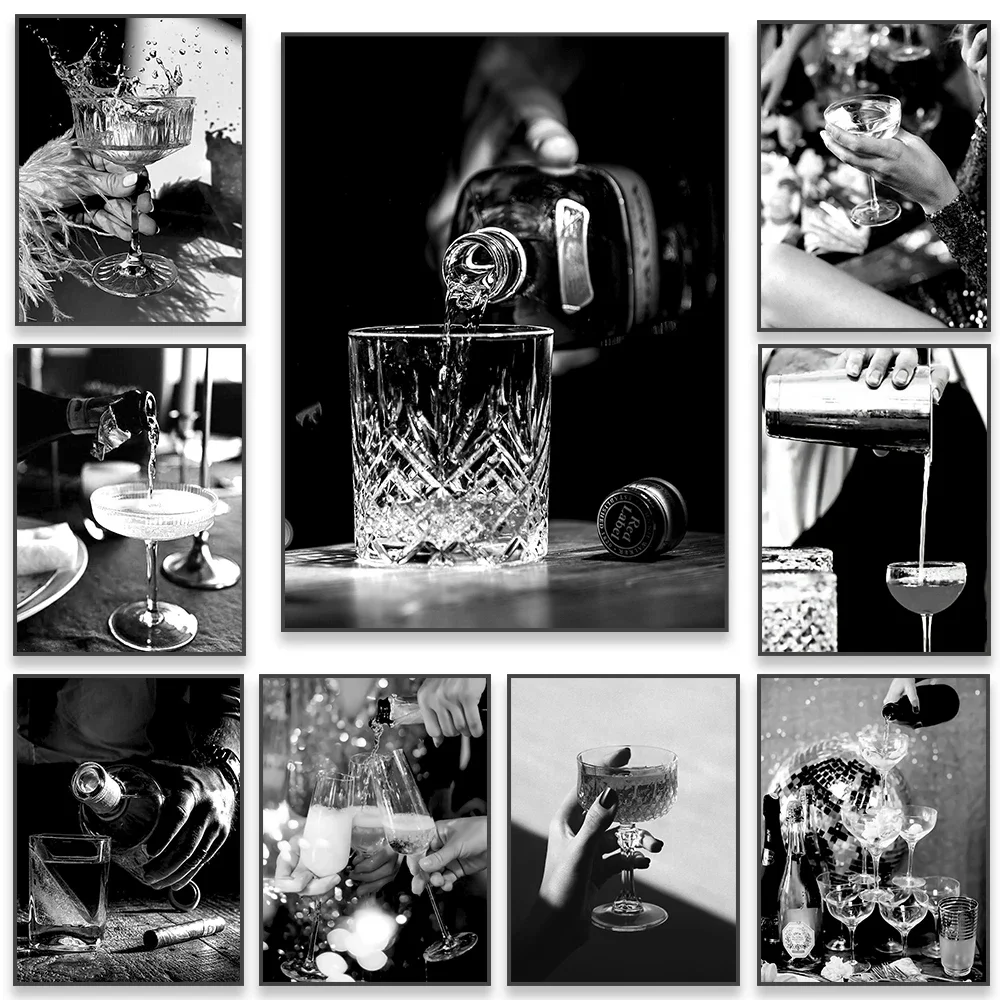 1pc frameless Black and White Print Vintage Bar Cart Poster Cocktail Whisky Wall Art Minimalist Alcohol Canvas Painting Dinni
