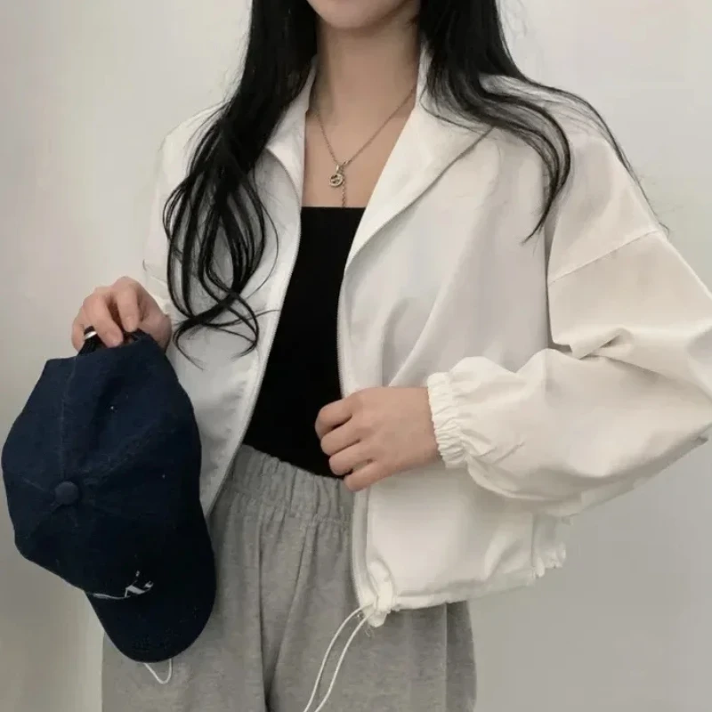 Girl Coat Spring AutumnThin Sun Protection Windproof Retro Versatile Workwear Drawstring Cropped Baseball Jacket Top Coat Trendy