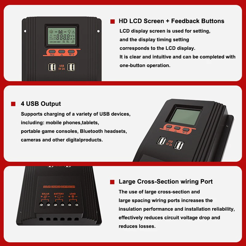 MPPT/PWM Solar Charger Controller 100A 80A 60A Solar Panel Regulator LCD Display Various Load Control Modes Support GEL Li-ion