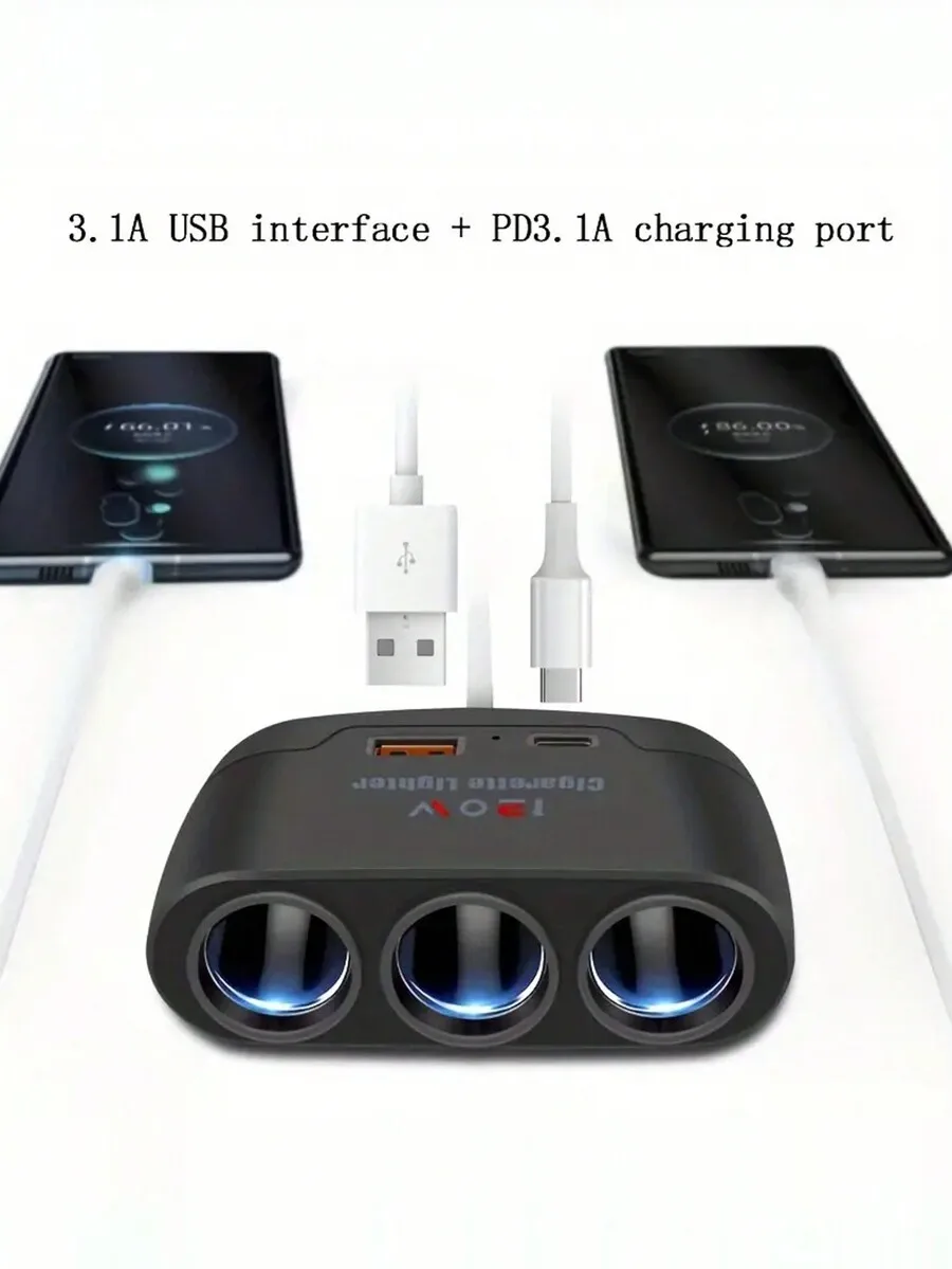 

3-In-1 Car Charger With USB 3.1A And PD 3.1A Port Triple Socket 120W For Smart Devices