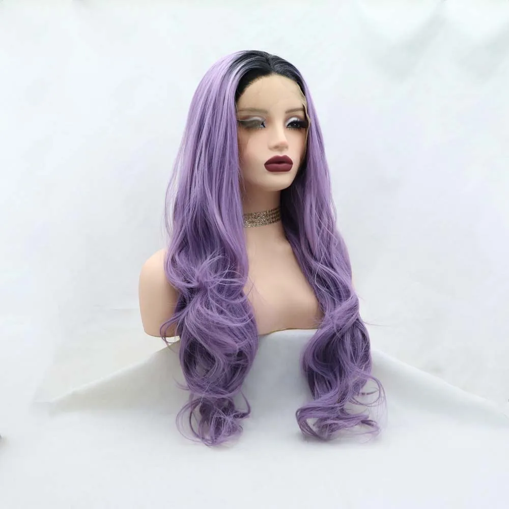 سيلفيا الباروكات الاصطناعية الأرجواني الدانتيل الجبهة الباروكات مع جذور داكنة طويلة متموجة الباروكات ألياف مقاومة للحرارة شعر مستعار #2