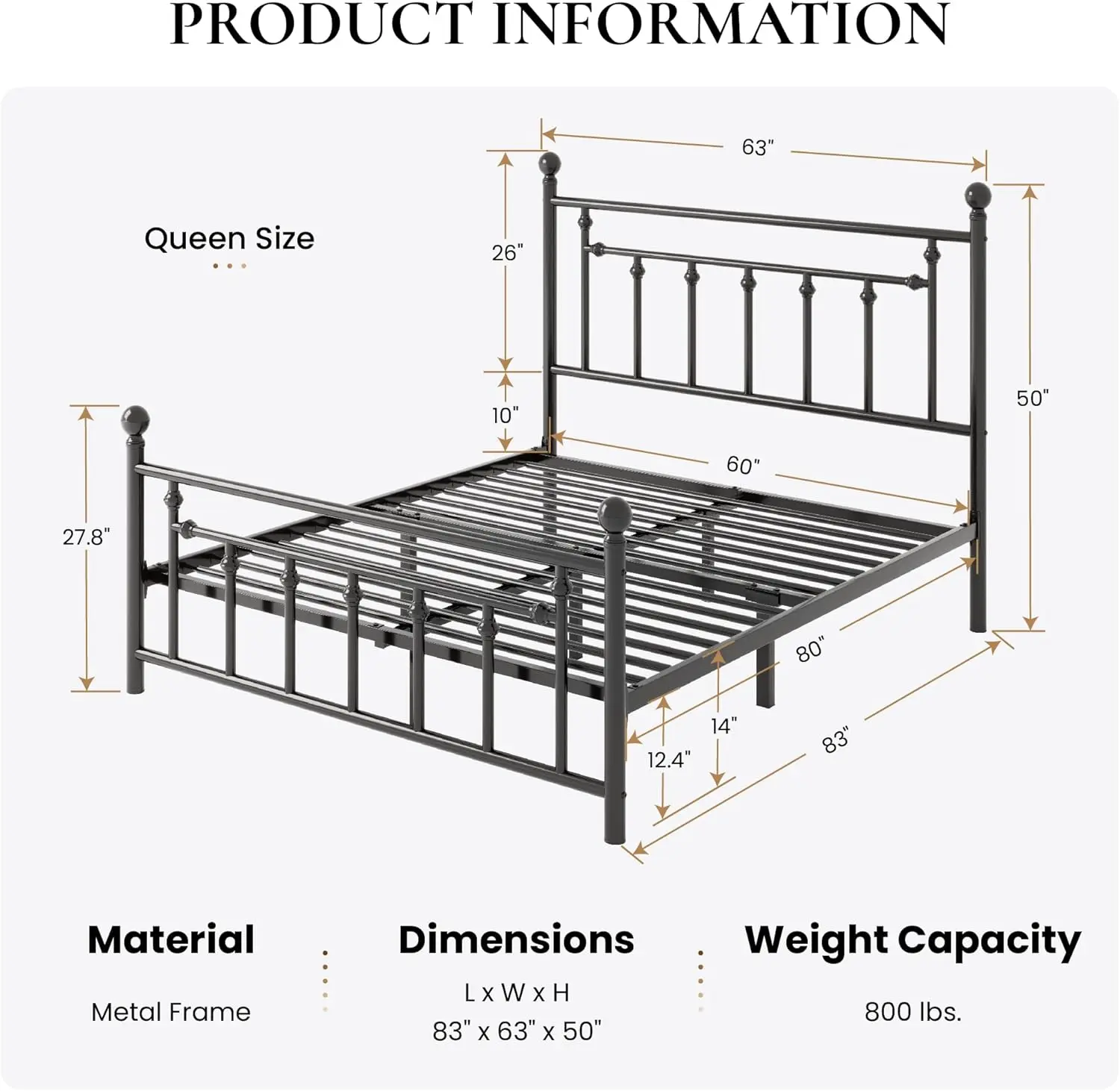 14'' Queen Size Metal Platform Bed Frame/Victorian Headboard and Footboard/Steel Slats Mattress Foundation for Storage/No Box Sp