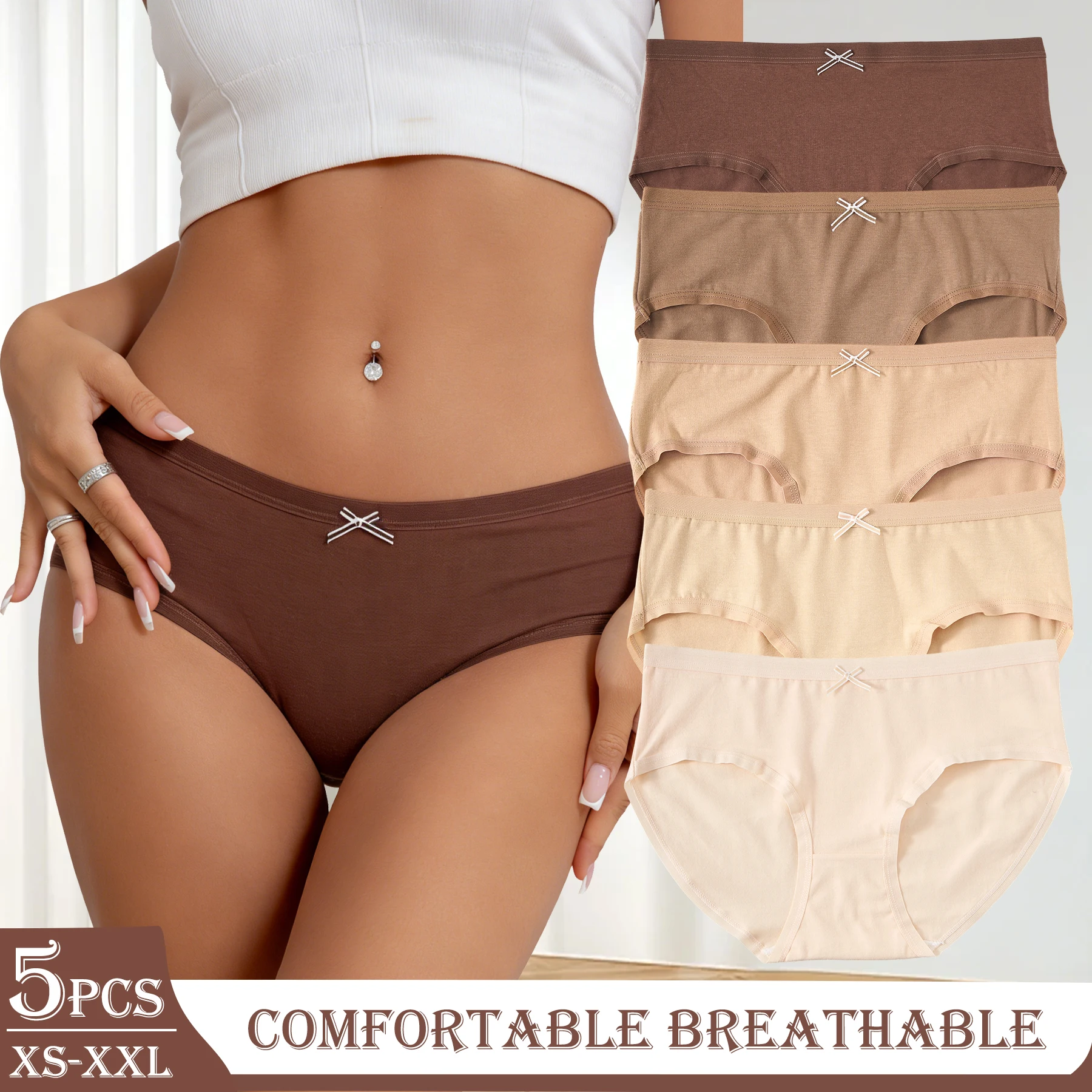 5PCS Maillard Color Pure Cotton Women's Underwear Solid Color Comfortable Panties Girls Low-Rise Briefs Casual Daily Wear