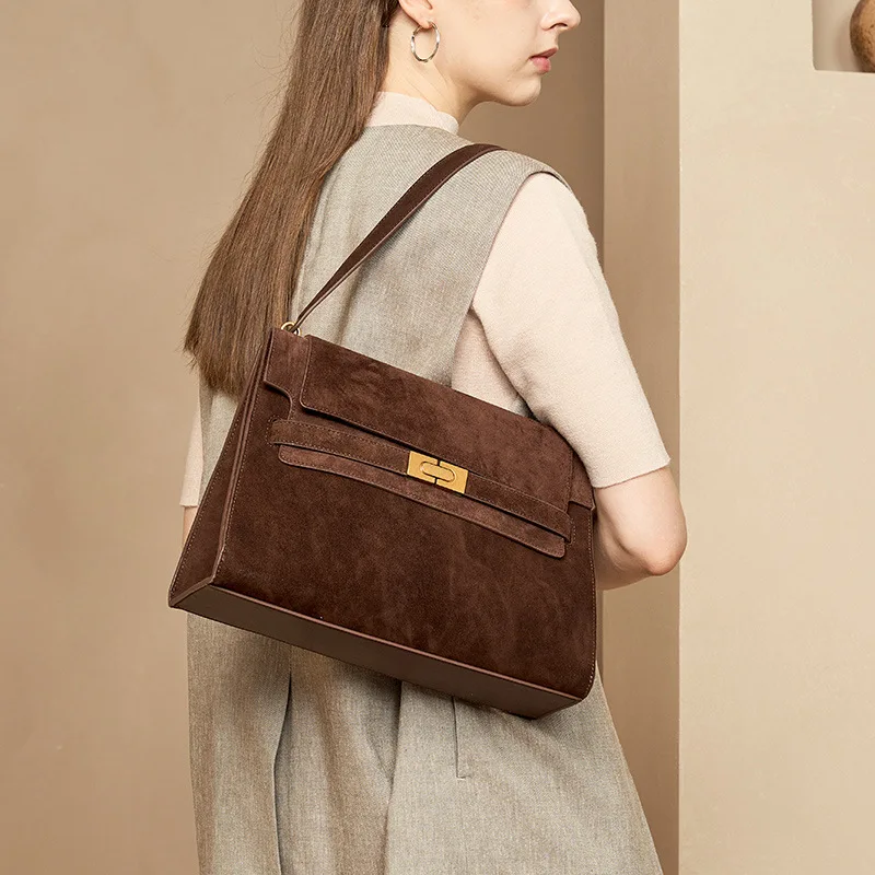 Light luxury leather underarm bag women's retro style suede cowhide commuting high-end sense large-capacity tote bag