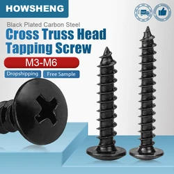 HOWSHENG Cross Recessed Truss Head Self Tapping Screw M3 M3.5 M4 M5 M6 Black Plated Phillips Mushroom Head Tapping Screws