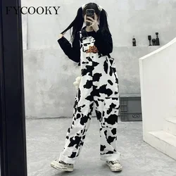 Đường Phố Hip-Hop Bông Tai Kẹp Bé Gái Bò In Oneies Cho Nữ Màu Đen Trắng Kẻ Sọc Áo Liền Quần Áo Jumpsuit Quần Quần Baggy