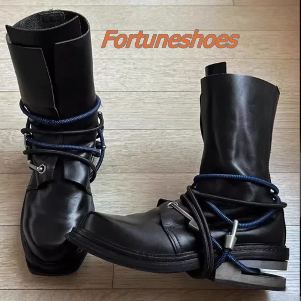 Strange Chunky Heel Mid Calf Boots Solid Black Round Toe Elastic Band Women Boots Fashion Casual 2025 New Arrivals Spring Boots