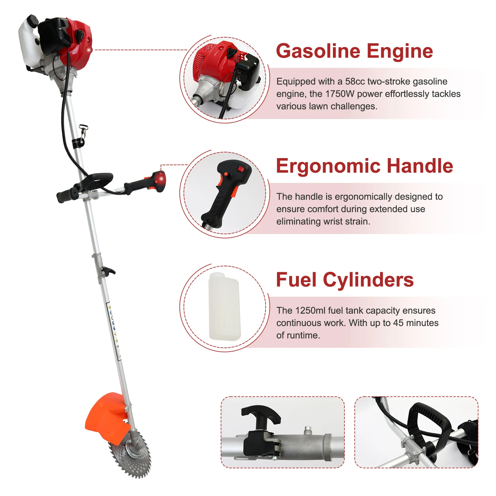 52cc 2-Stroke Weed Wacker Gasoline Powered Trimmer Handheld Lawn Mower Straight Shaft Gas Weed Eater 4 Detachable Trimmer Heads