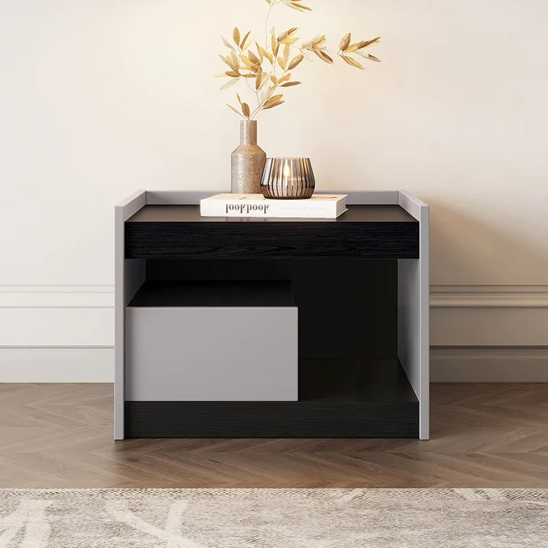 Modern Minimalist Nightstand Smoked Wood Veneer Bedside Cabinet with Drawer Bedroom Furniture Bedside Cabinet