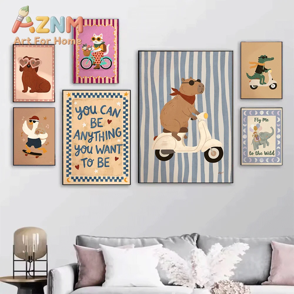 Cute Cartoon Animal Canvas Print, Whimsical Creatures Riding Scooter Bicycle Art Poster, Frameless Canvas Wall Picture for Roo