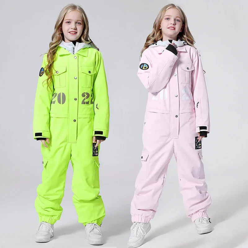 

2024 Winter Kids Ski Jumpsuit Waterproof Baby Girl One Piece Snowsuit Outdoor Children Snowboard Tracksuit Mountain Clothes