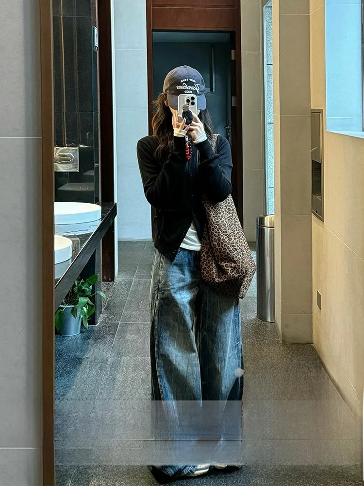 

Джинсы женские больших размеров, синие, с широкими штанинами, с высокой талией, свободного кроя, прямые, длинные, осенне-зимние, новые, в американском стиле, из денима