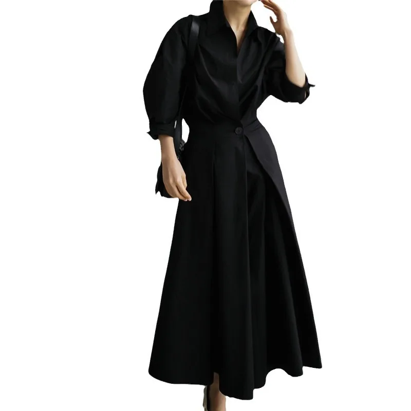 2024 New Loose Long-sleeved Shirt Dress Female Korean Version High-waisted Slim-fit Dress Academy Style