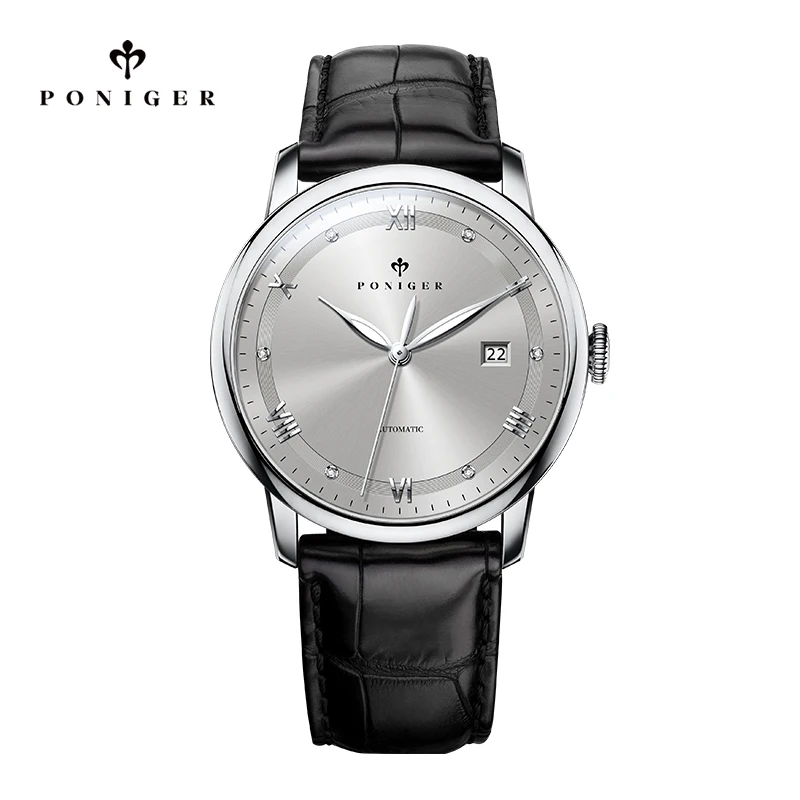 PONIGER Fashion Men's Designer Waterproof Watch Rose Gold Luminous Hand Automatic Wrist Watches For Men Leather