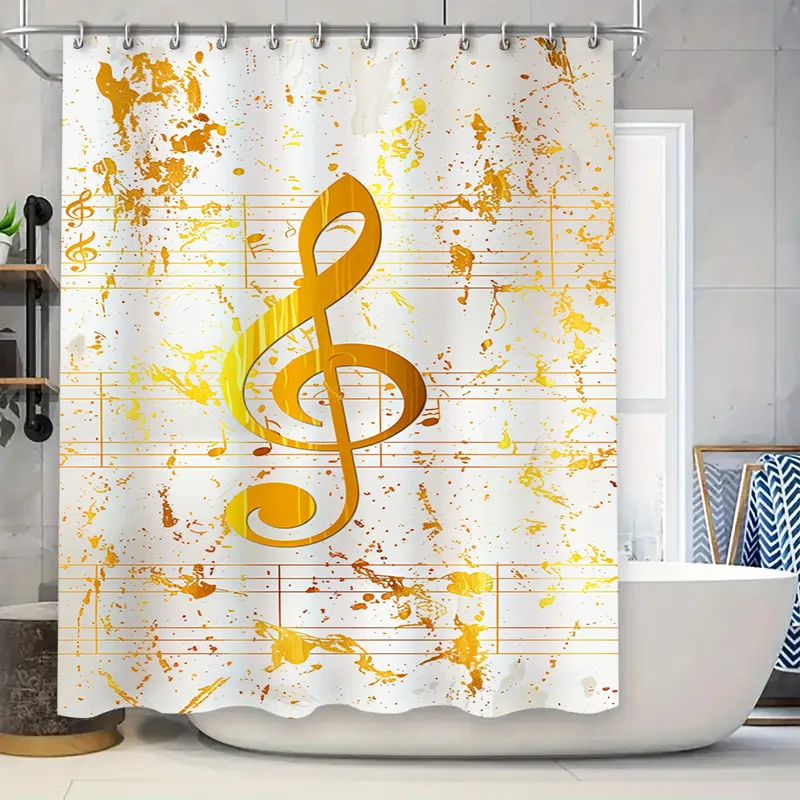 Charming Music Note Shower Curtain Gold Color Printing with Musical Symbols on White Background Water-Resistant Fabric for Bathr