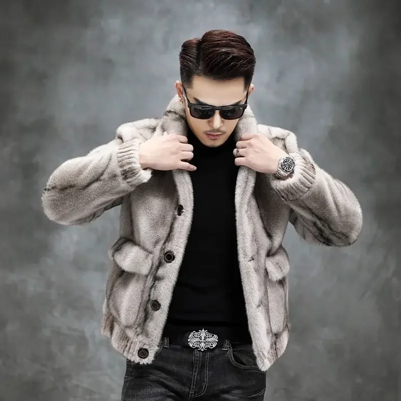 Fashion Solid Color Short Fur Striped Outwear Thickened Warm Casual Outcoat Winter New Men Mink Coat Male Double-Sided Wear