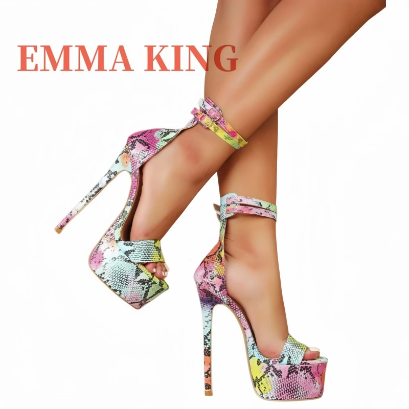Multicolor Snake Print Heeled Sandals,Peep-Toe Double Buckle Sandals,16cm Super High-Heeled Fashion Sandals, Women's Shoes 35-42