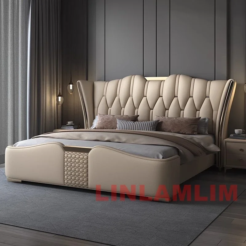 Linlamlim Luxury Modern Upholstered Bed Frame with Gold Accents, Genuine Leather Designer Bed, Queen/King Size Bedroom Furniture