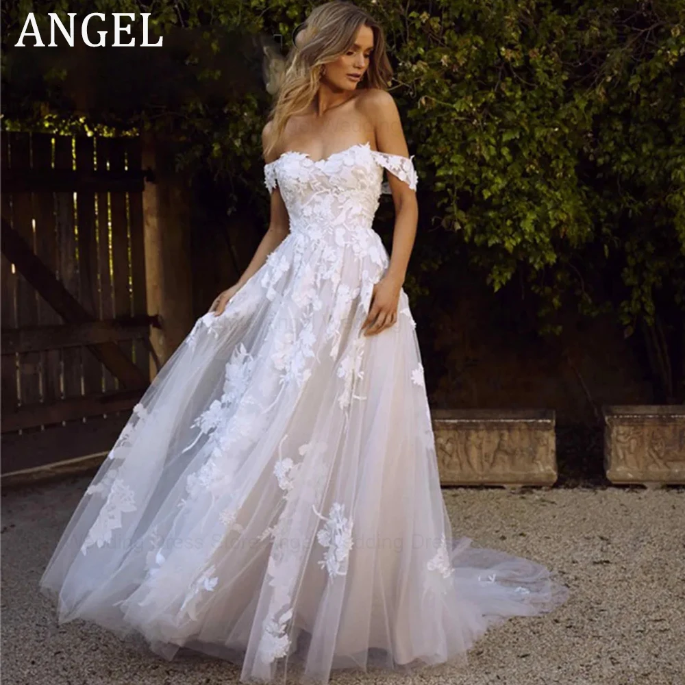 

ANGEL Lace Wedding Dresses Off The Shoulder Sweetheart Appliques A Line Bride Gowns Backless Princess Bridal Robe De Mariee