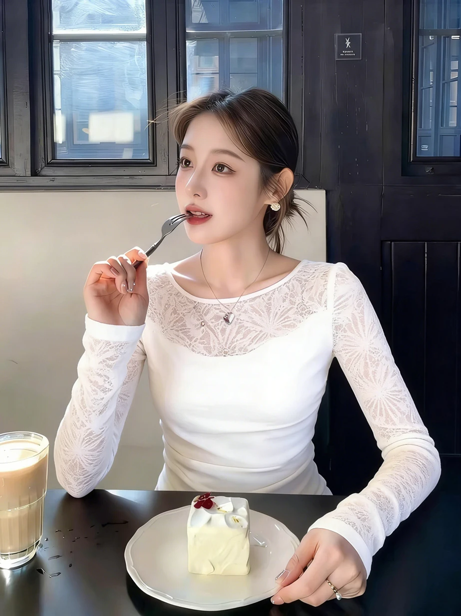 

Elegant Lace Floral Print Long Sleeve Base Shirt Women's Thin Style T-Shirt Layering Spring 2026 New Waist-Cinching Top