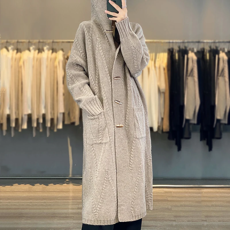 Autumn And Winter New Cashmere Cardigan Women\'s 100% Pure Wool Coat Loose Hooded Long Horn Button Knitted Sweater