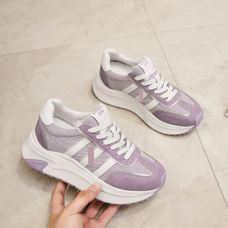 2025 summer mesh breathable casual sports shoes, genuine leather white shoes, height increasing German training shoes for women