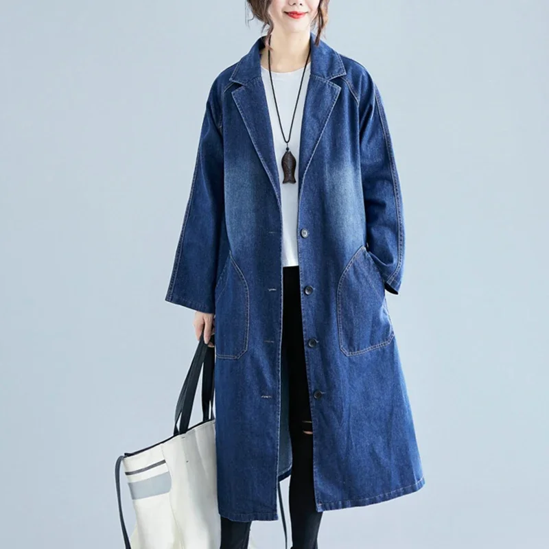 2024 Spring Autumn New Long Trench Coat Women Korean Long Sleeve Big Pocket Denim Windbreaker Women Vintage Solid Overcoat