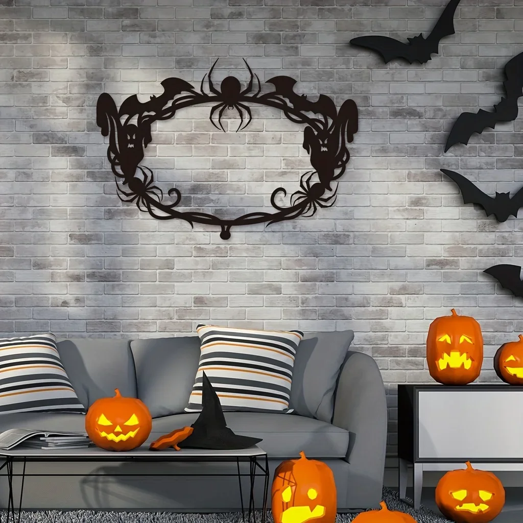1pc, Halloween Metal Wreath Home Decoration Halloween Door Decoration Spider Bat Ghost Decoration Frame Day of The Dead Gifts