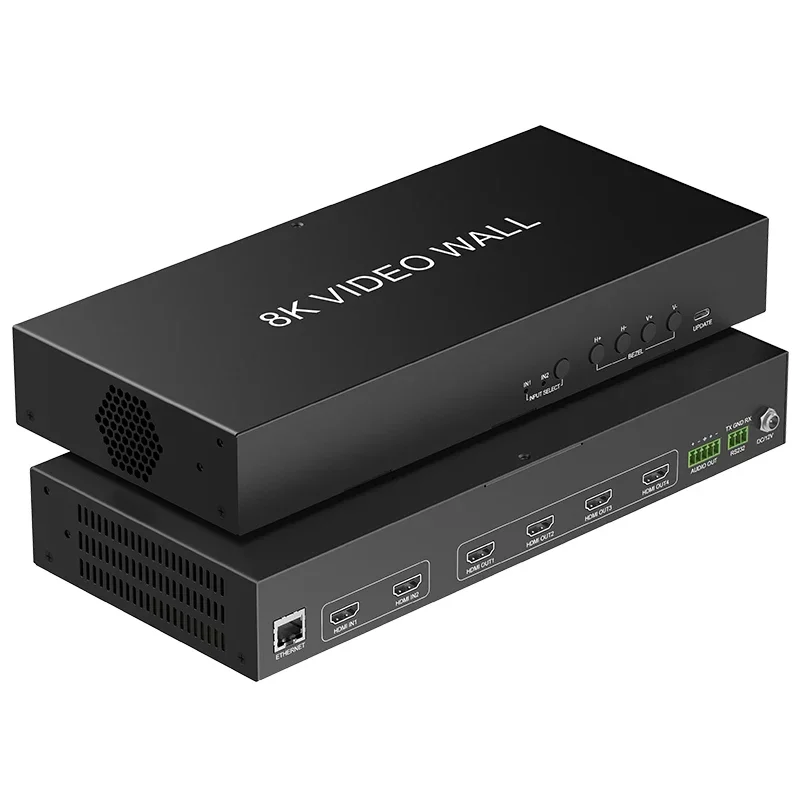 2.1 8k @ 60 2x2 & 2x4 parede de vídeo l/r saída de áudio ip/rs232 interruptor de controle divisor processador de vídeo 4k para parede de vídeo
