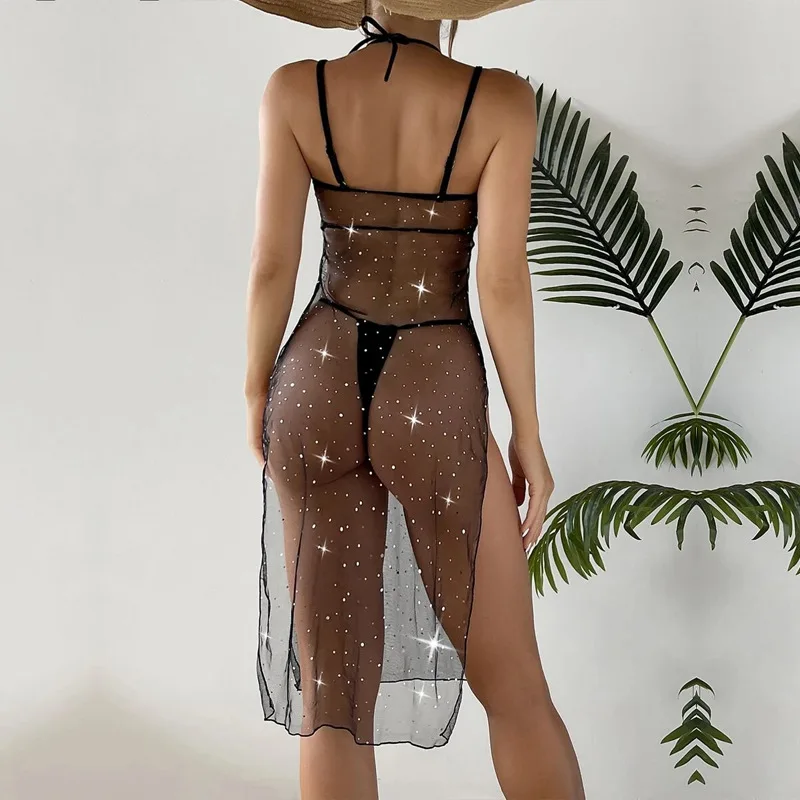 SKMY Glitter Female Maxi Dress Mesh See-Through Split Fashion Spaghetti Strap Slim Sexy Summer Beach Cover-Ups Dress For Women