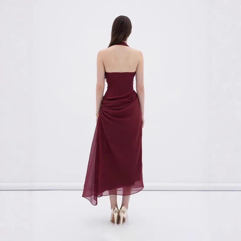 BEWQ فستان نسائي أنيق أنيق بدون ظهر عالي الخصر تصميم بلون سادة فستان الحفلات المسائية 2025 خريف جديد