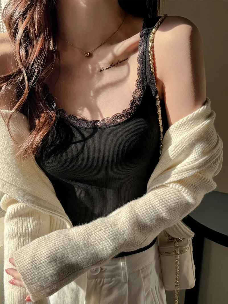 Lace Square Neck New Tank Top Womens Summer Sexy Korean Y2K Clothing Youth Trendy Comfy Vest Thread Stretch Basics Beauty Back